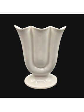 Vintage Hall USA White Ceramic Tulip Vase Scalloped Rim Pedestal Base 10 Inch